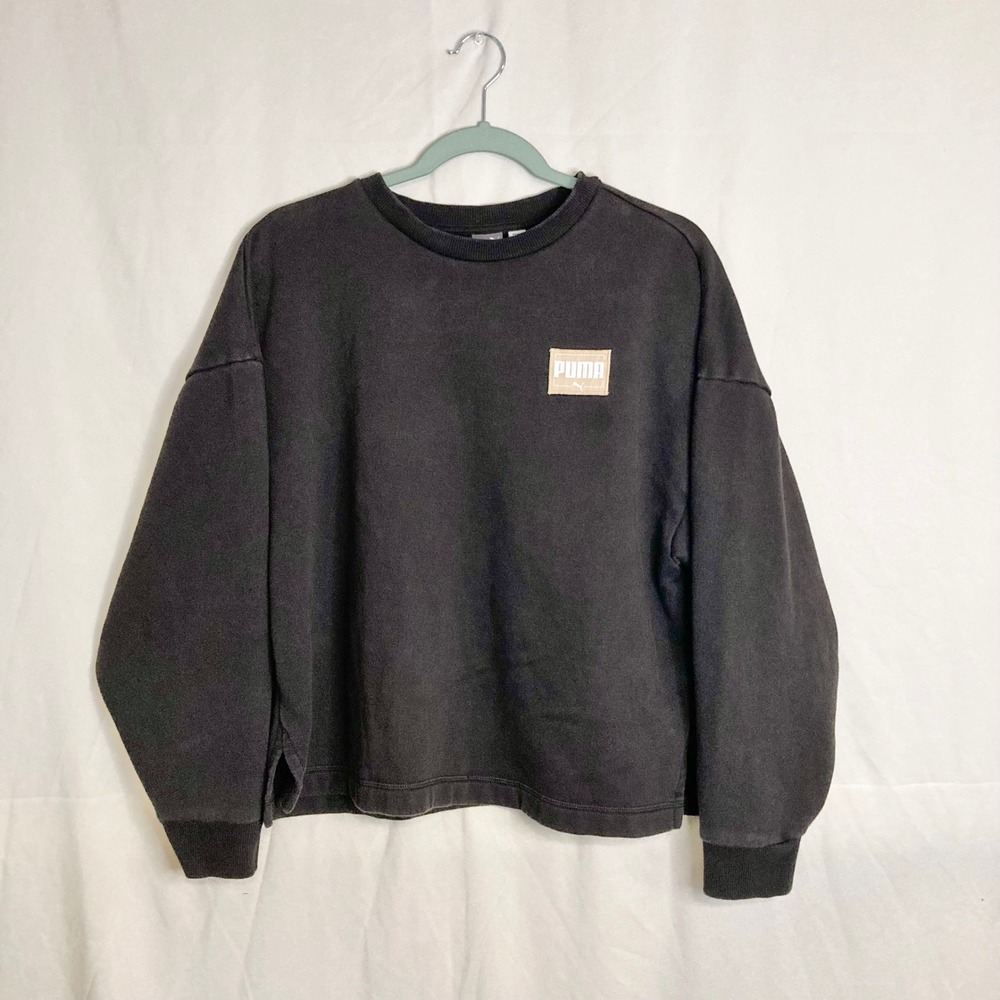 Puma Black Fleece Lined Drop Shoulder Boxy Cropped Crewneck Sweatshirt L Sporty